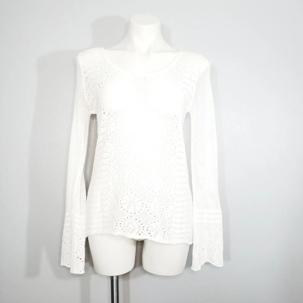 Macbeth Collection White Crochet Pointelle Knit Bell Sleeve Pullover Sweater Top